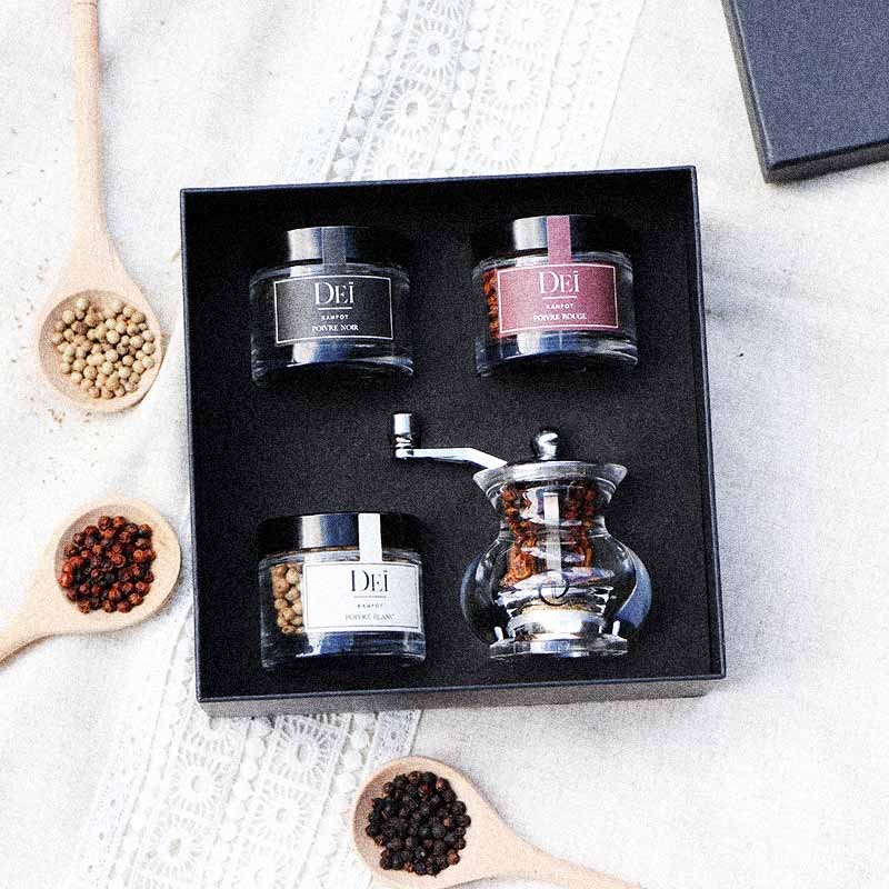 Coffret Signature 3 Poivres de Kampot & Moulin DEI - 3x50g